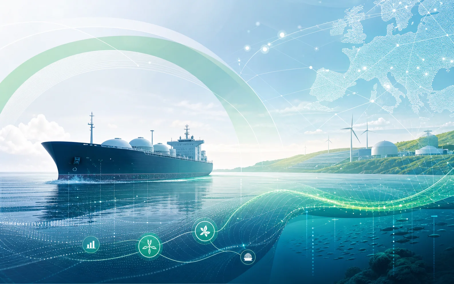 Abstract green maritime transition visual with digital twin and decarbonisation signals