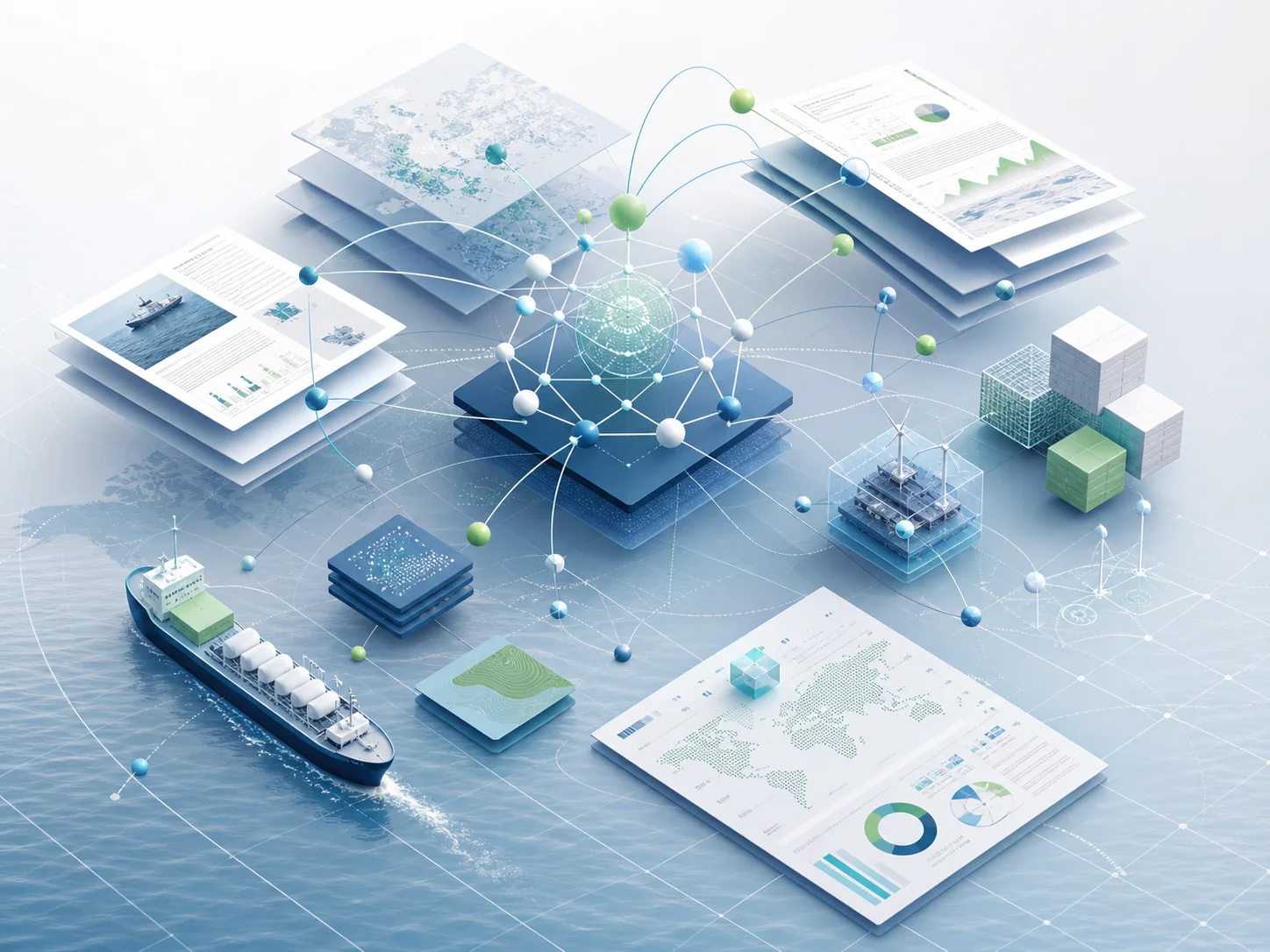 Abstract maritime knowledge network connecting research, reports, and model assets