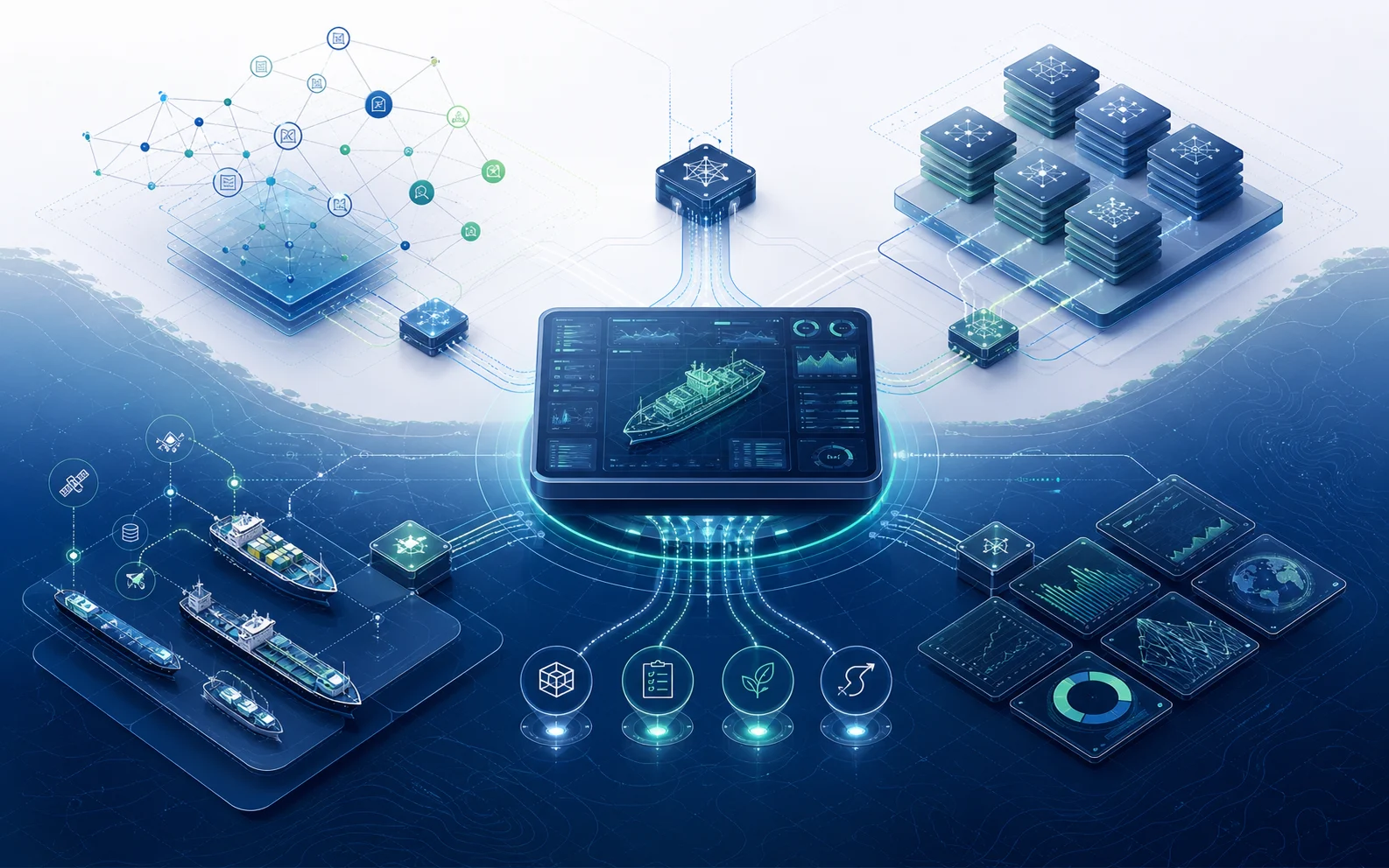 Abstract NaviQore digital twin interface connected to data, models, and knowledge services