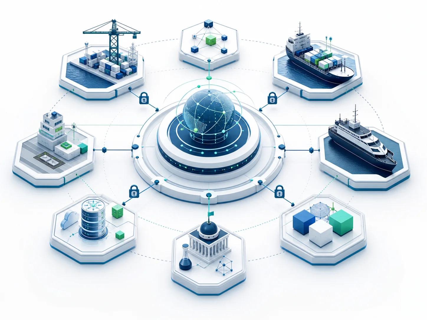 Abstract diagram of a federated digital green shipping platform ecosystem